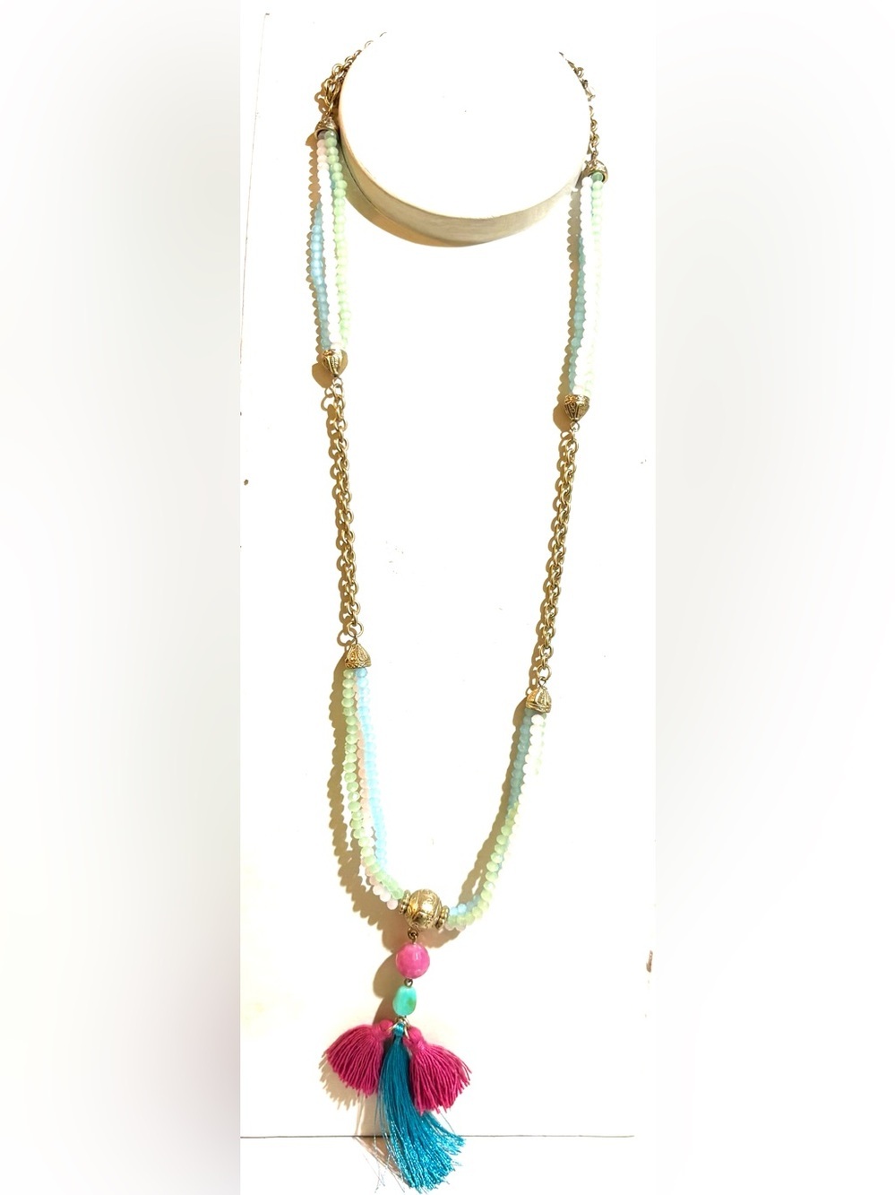 Gold-Tone Necklace with Mint & Light Blue Beads and Pink & Teal Tassels